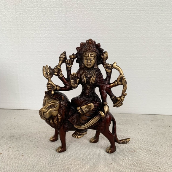 Durga & Lion Brass Statue Figurine with Antique Bronze Gold Finish - Picture 5 of 12